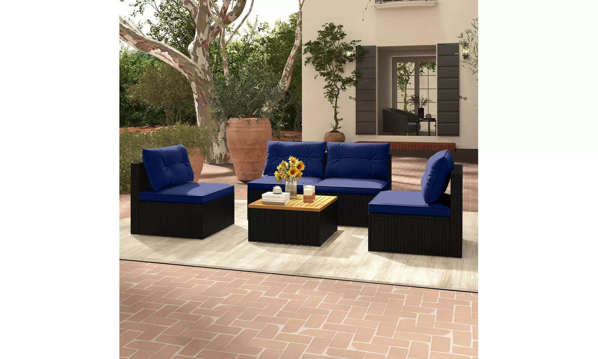 5 Piece Patio Rattan Furniture Set Acacia Wood Table Top Sofa Cushion Deck