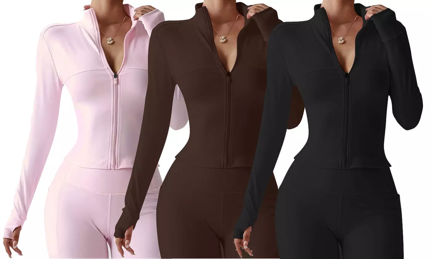 Women's Full Zip Yoga Jacket Slim Fit Thumbholes Running Athletic Track Jacket - Primary Image