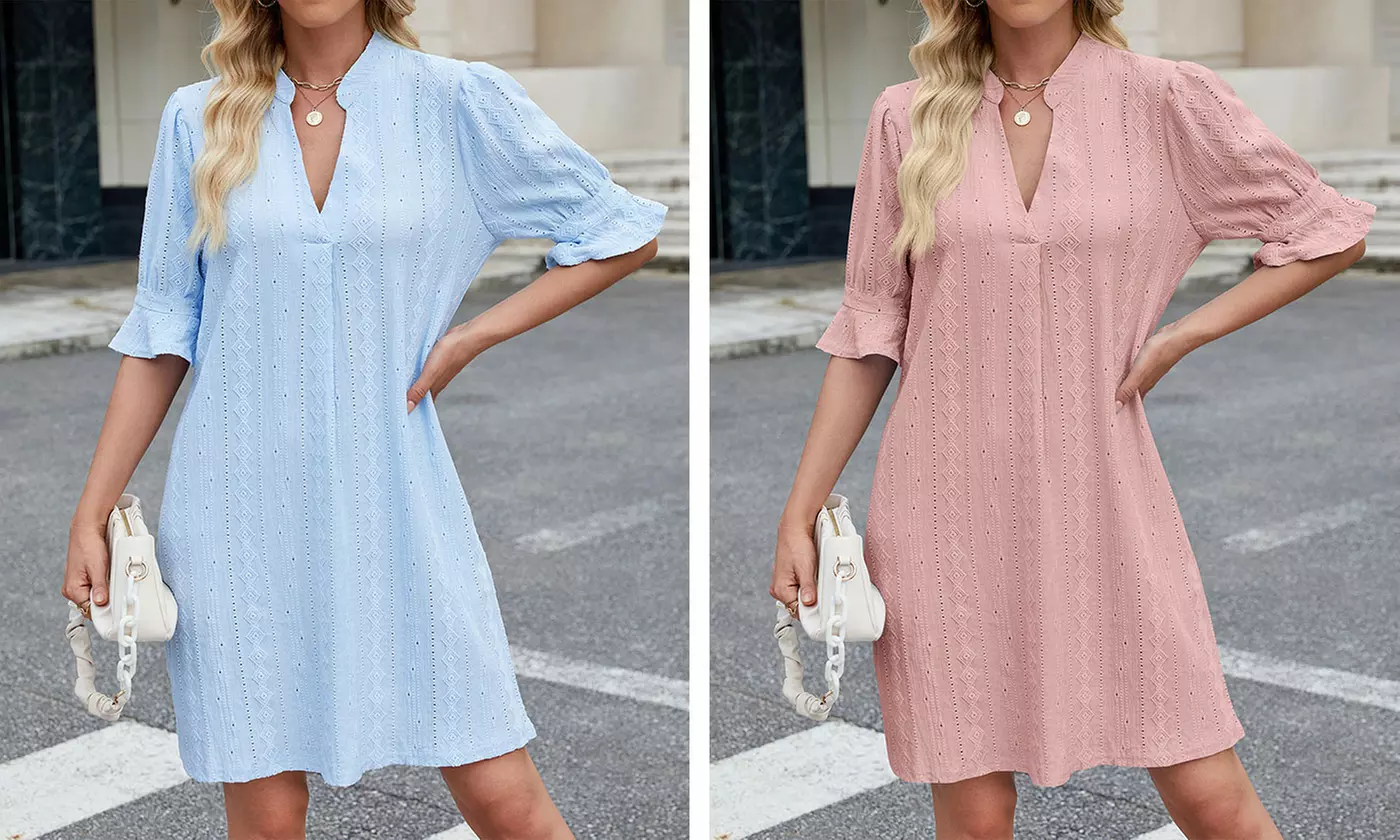 Women's V Neck Ruffled Half Sleeves Shift Dress Flowy Summer Beach Cover Up