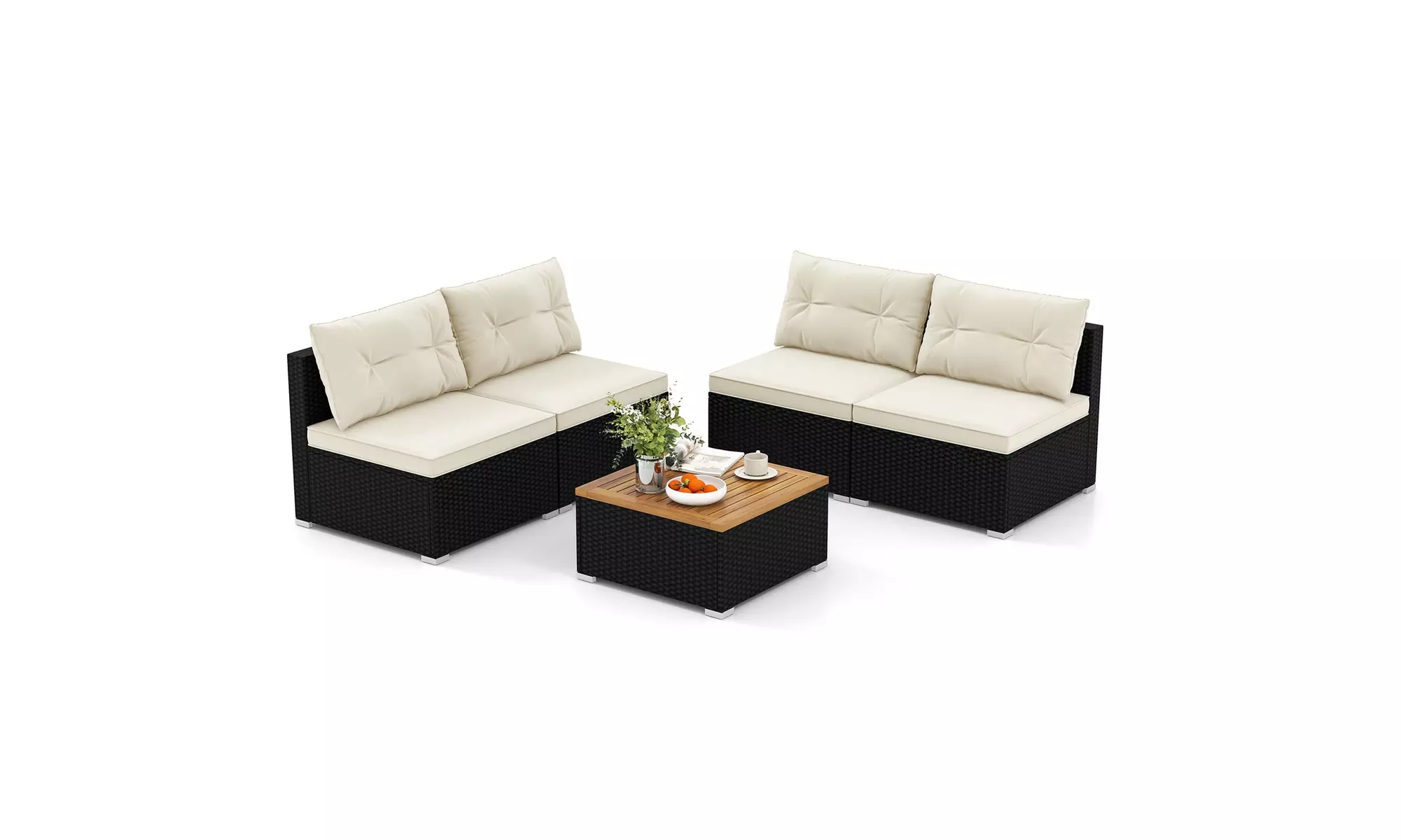 5 Piece Patio Rattan Furniture Set Acacia Wood Table Top Sofa Cushion Deck