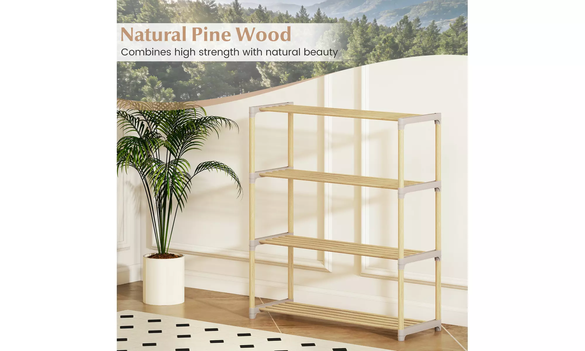 Costway Solid Wood Shoe Shelf Stand with Slatted Open Shelves for Entryway