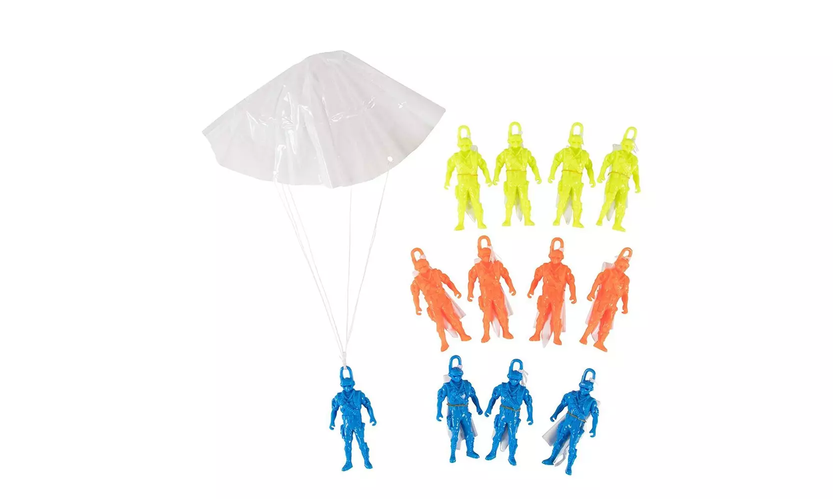 12-Pack Mini Parachute Army Men Toy Set, Miniature Paratrooper Figure, 3 Colors - Primary Image