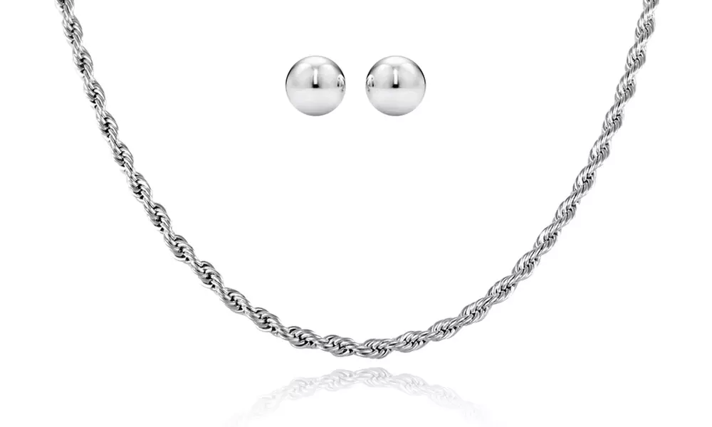 Solid Sterling Silver Diamond Cut Rope Chain & Ball Stud Earrings With Gift Box