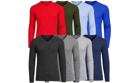 3-Pack Men'sLong Sleeve Waffle-Knit V-Neck Thermal Shirts S Sky Blue - Red - White