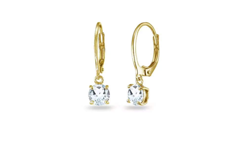 Light Aquamarine 6mm Round Dangle Leverback Earrings in Gold Flash 925 Silver - Primary Image