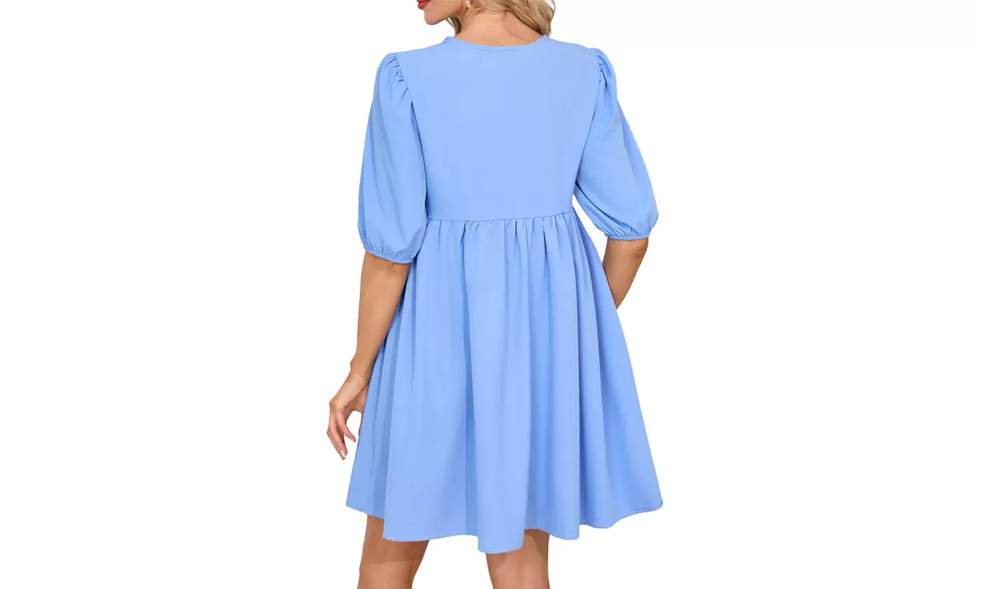 Bow-Front Maternity Dress Puff Sleeves Flowy A-Line Skirt Baby Shower Dress