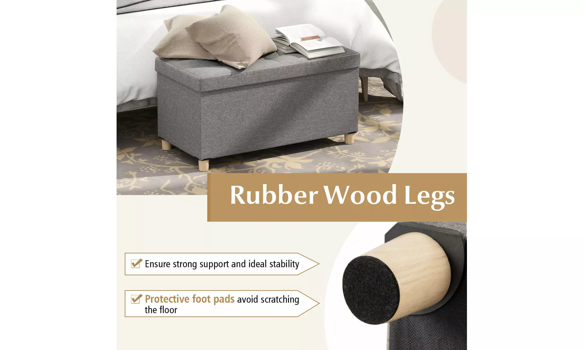 Costway 18 Inches Ottoman with Storage,Tray & Rubber Wood Legs for Small Space