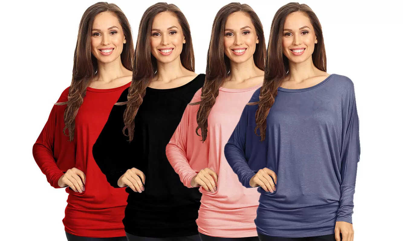 Women's Solid Casual Long Dolman Sleeve Loose Fit Knit Tunic Top Tee Shirt