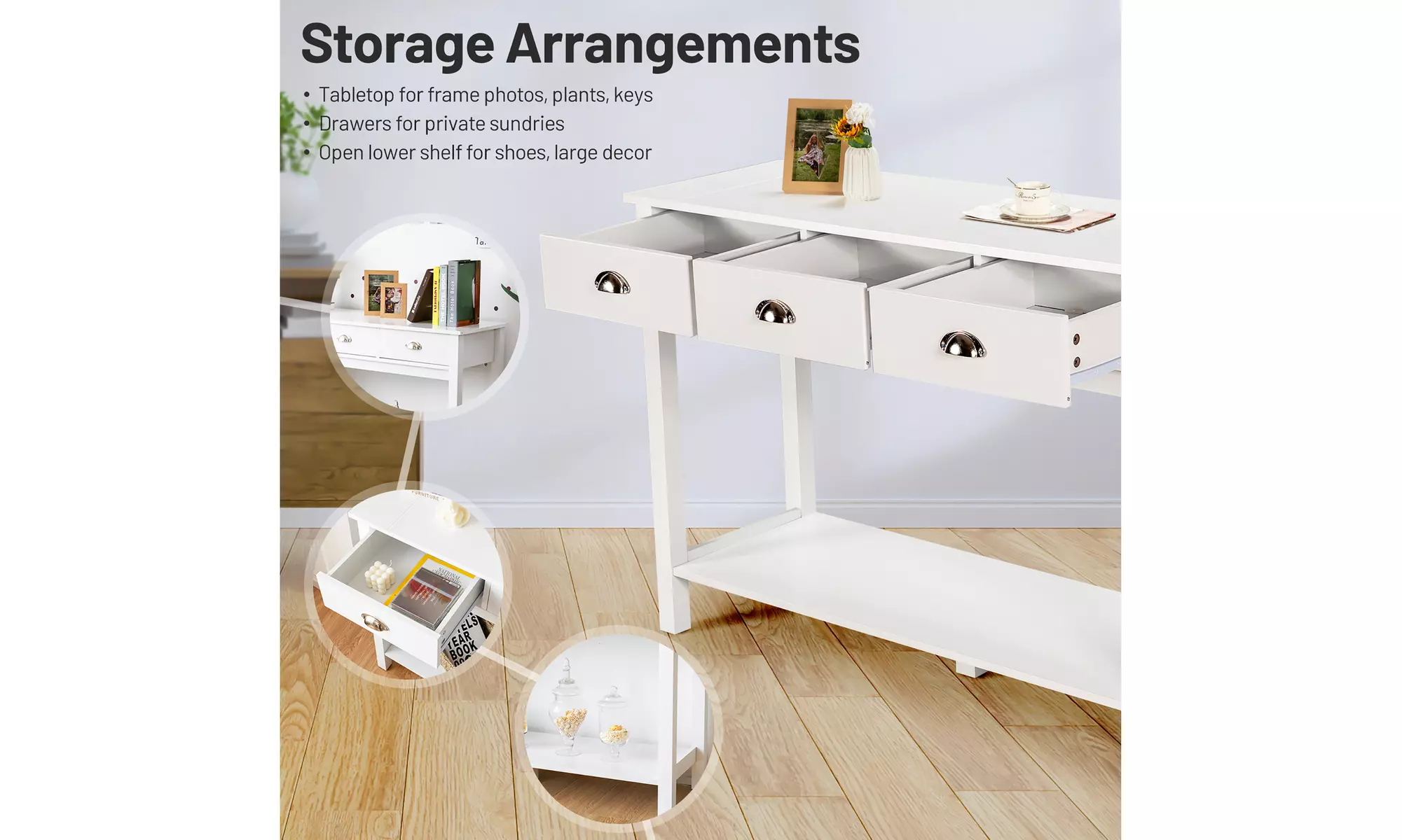 Costway Console Table with 3 Drawers Bottom Shelf Sofa Side Table Entryway White