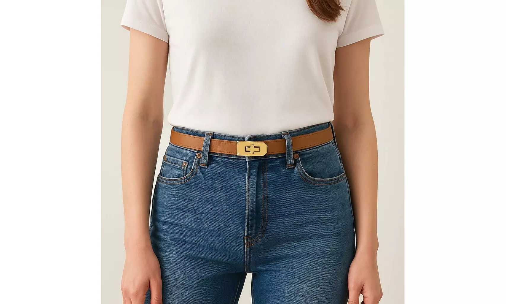 Women's Skinny Leather Adjustable Belt with Turn Lock Buckle