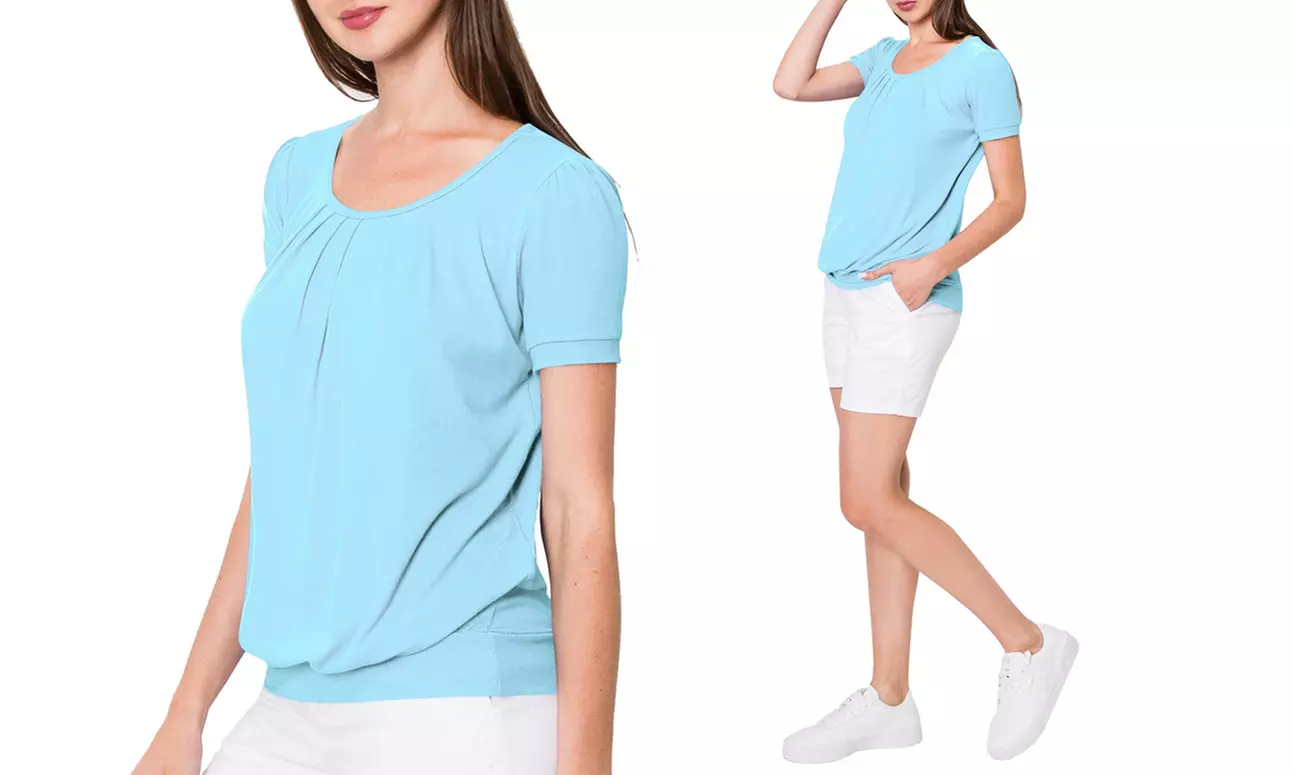 Made by Johnny Women's Scoop Neck Short Sleeve Front Pleated Blouse