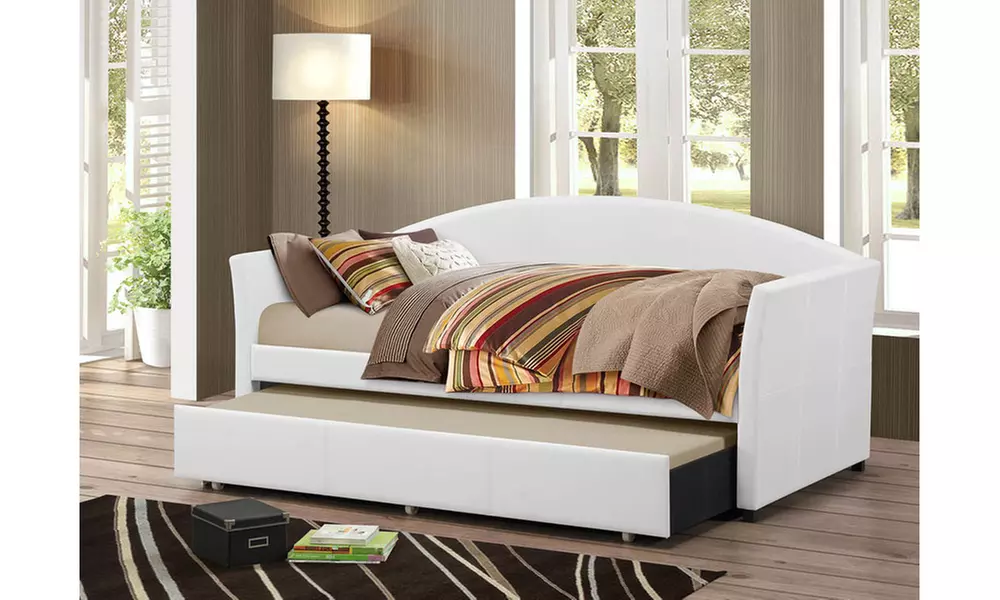 London Faux Leather Arched Back Sofa Twin Daybed with roll-out Trundle Guest Bed - Primary Image