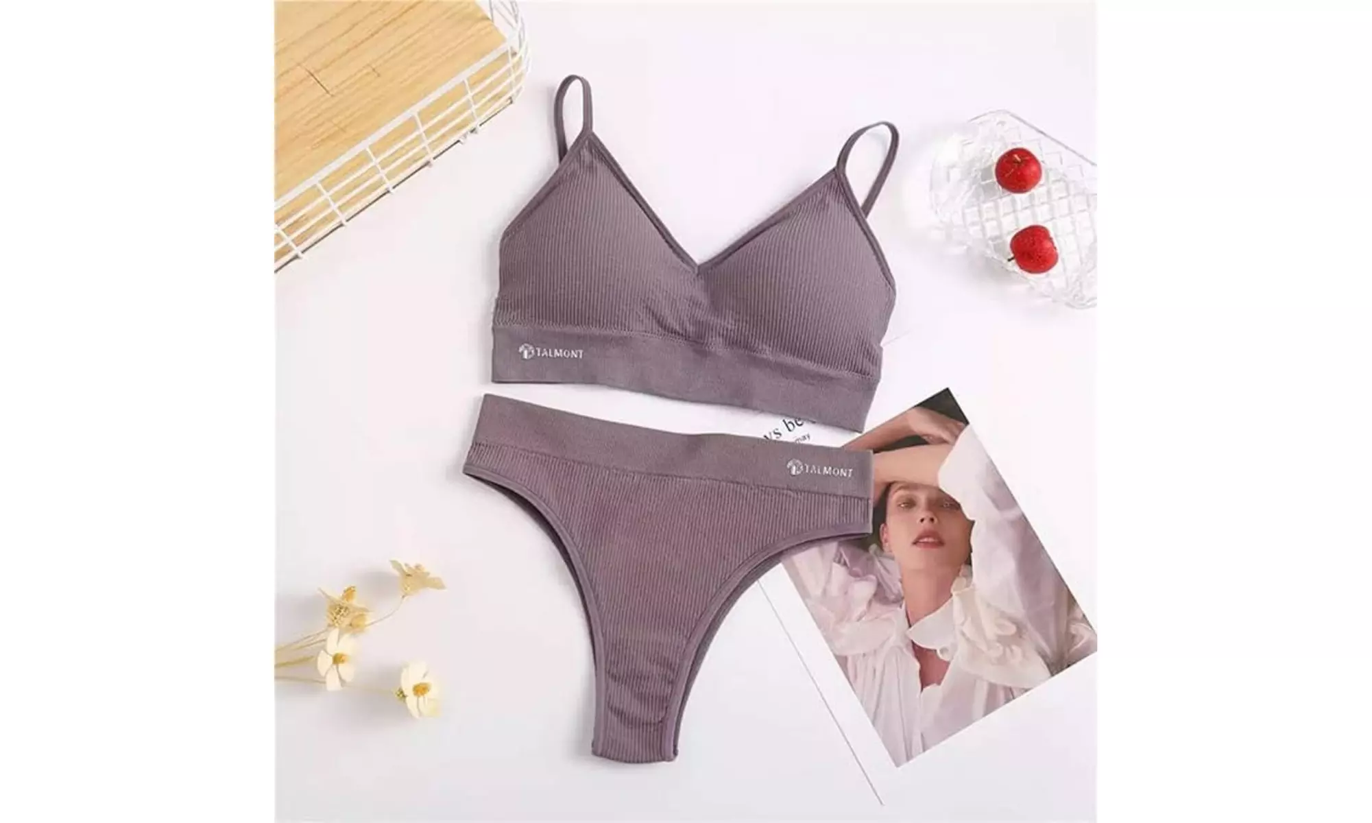 Talmont Seamless Ribbed Bra and Panty Set Soft Stretchy Lounge Lingerie