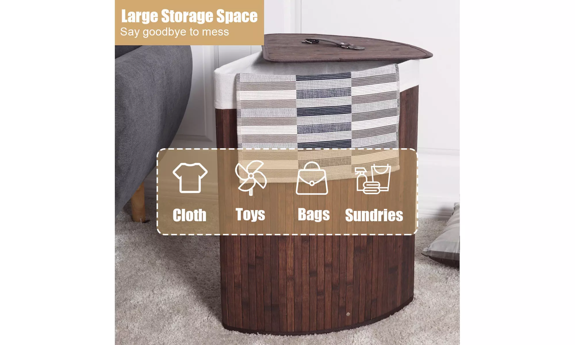 Costway Corner Bamboo Hamper Laundry Basket Washing Cloth Bin Storage 