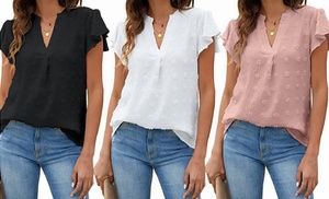 Womens V Neck Short Ruffle Sleeve Shirts Casual Summer Tops Blouse