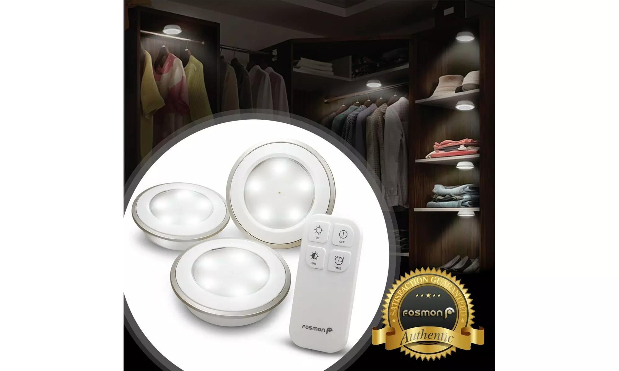 Wireless Stick On Puck LED Tap Light Bright Remote Battery Under Cabinet Closet - Second Medium