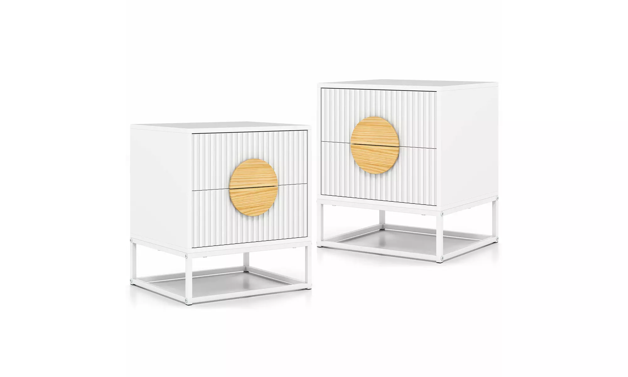 Costway Fluted Nightstand with 2 Drawers with Pine Wood Handles & Metal Frame