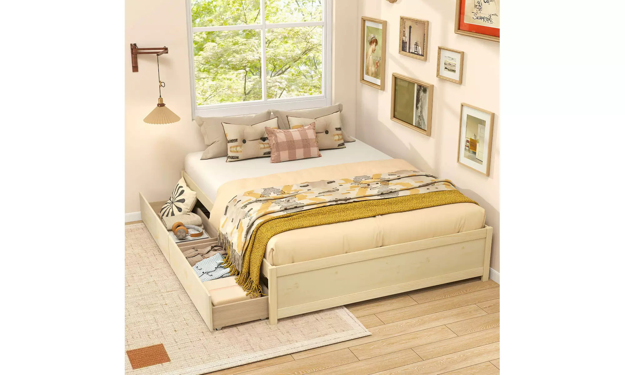 Costway Wooden Platform Bed Frame with 2 Rolling Storage Drawers