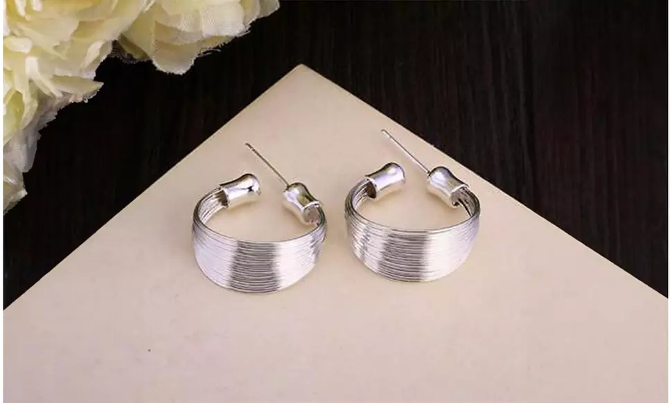 925 Sterling Silver Multi-Line High Polished Hoop Stud Earrings