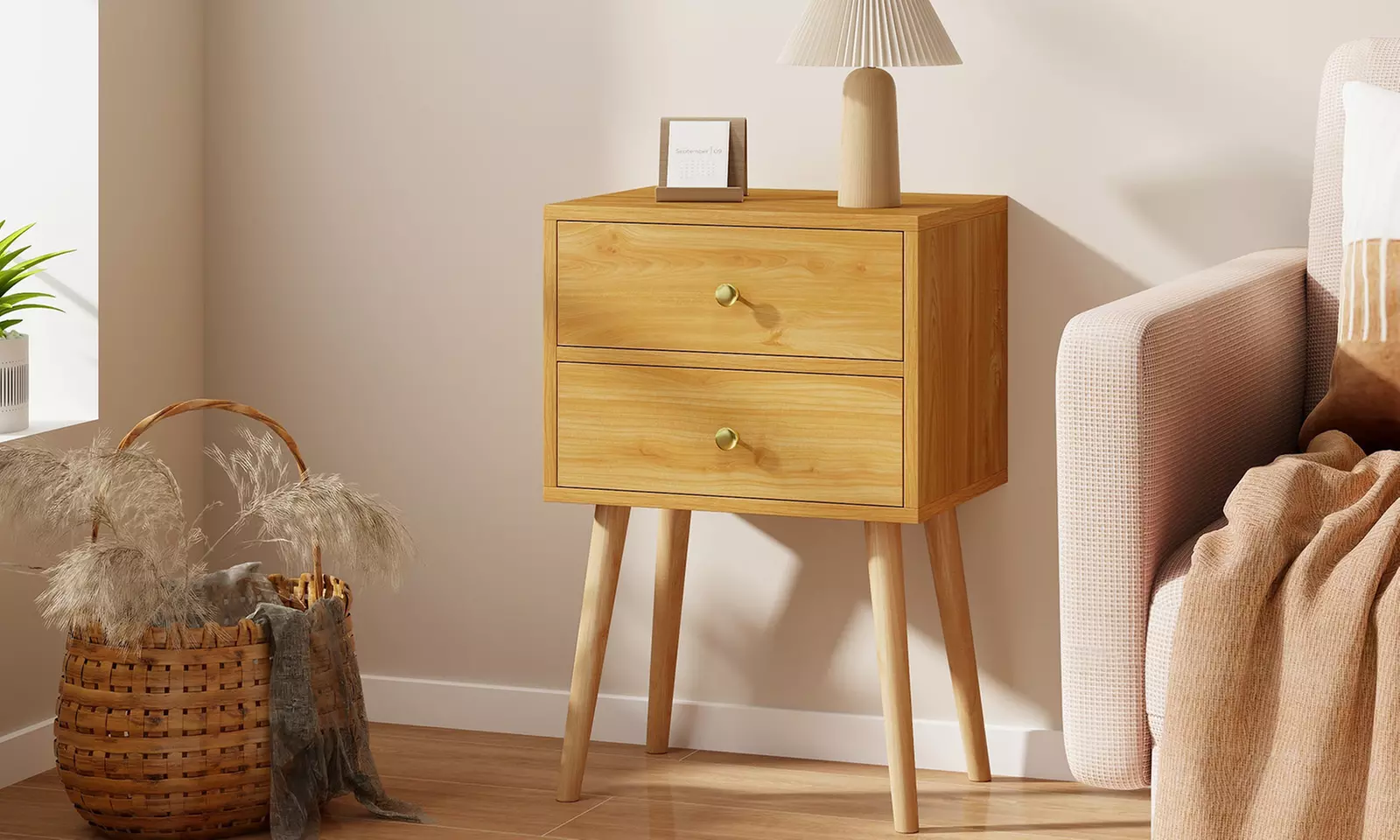 Mid Century Modern 2 Drawers Nightstand Natural Sofa Side End Table  - Primary Image