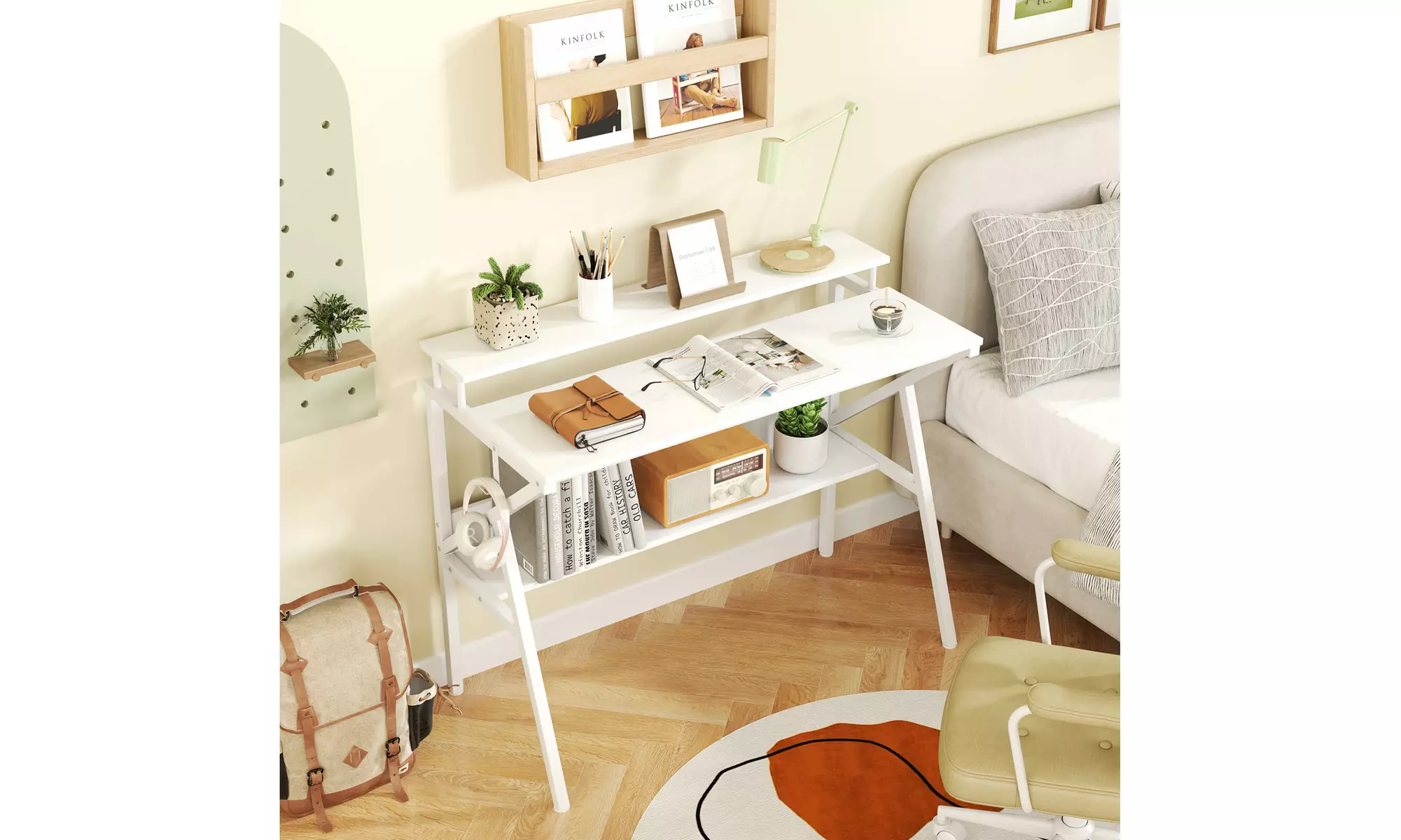 Costway Home Office Desk with Monitor Stand, Open Shelf and Metal Frame