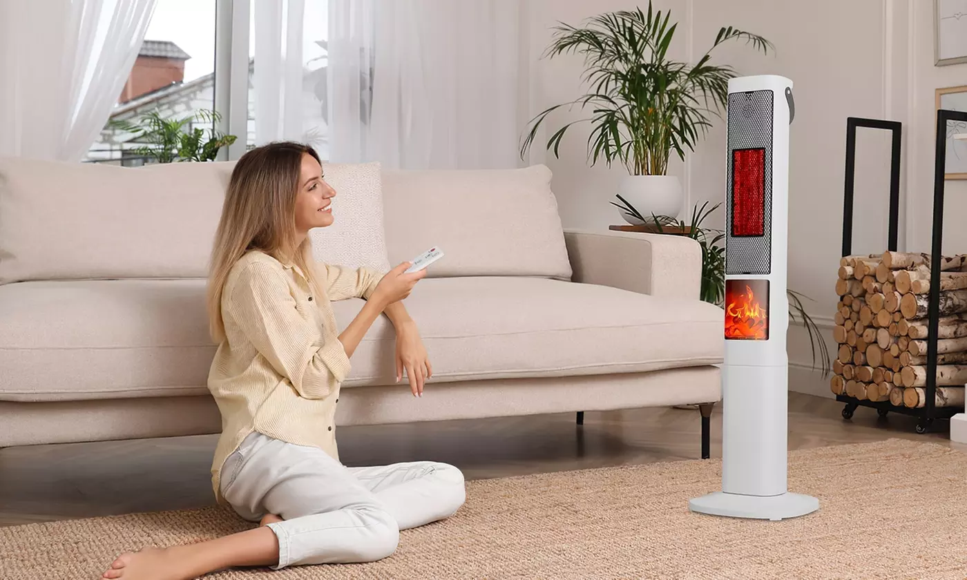 iMounTEK 1500W Oscillating Ceramic Tower Space Heater with 3D Flame & 3 Modes