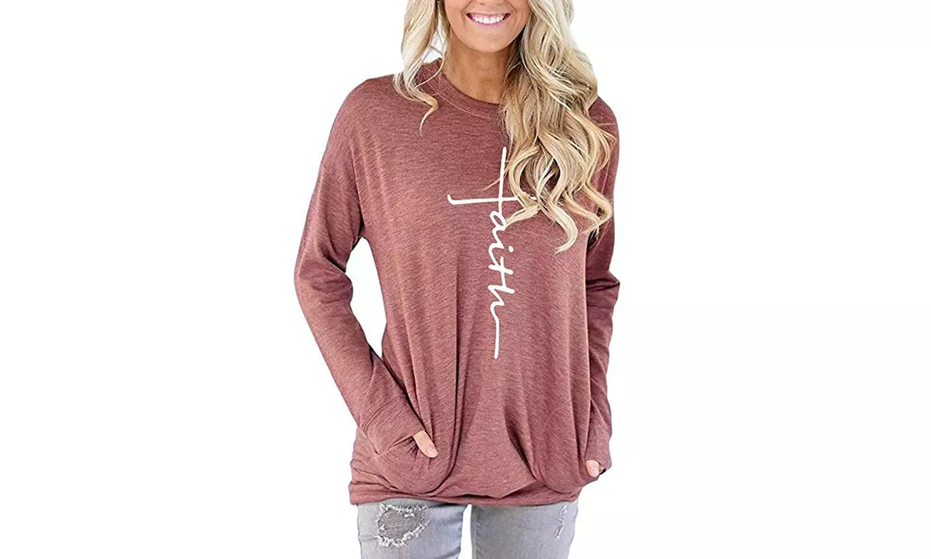 Women Stylish Faith Tunic S-2X  Letter Printed Graphic Pockets Top also in Plus - Second Medium