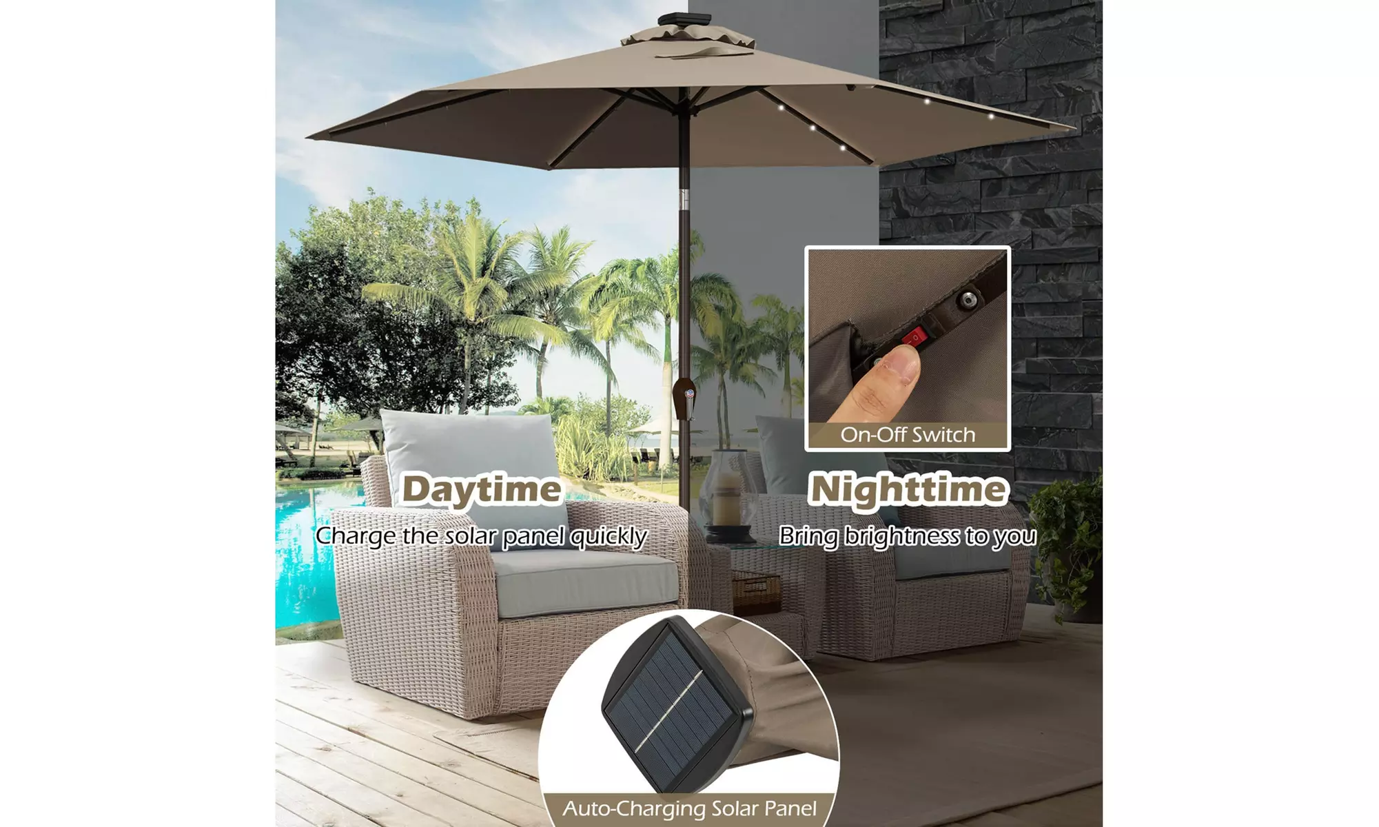 9ft. Patio Umbrella Solar LED Lights Steel Tilt with Crank