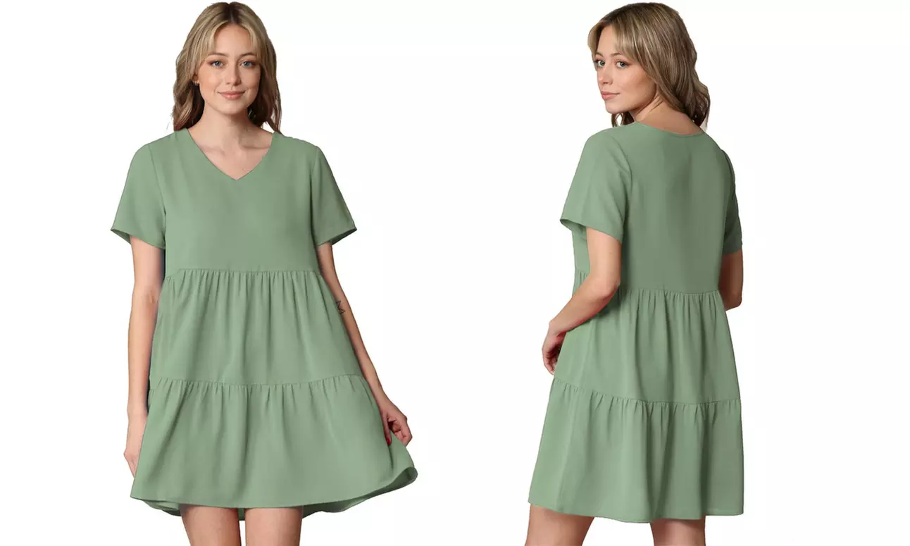 Made By Johnny Casual Flowy Swing Shift Short Sleeve Tiered Dress