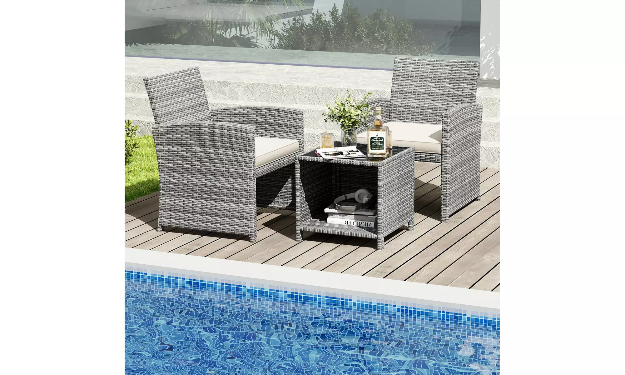 Costway 3-Piece Patio Furniture Set with Tempered Glass Coffee Table