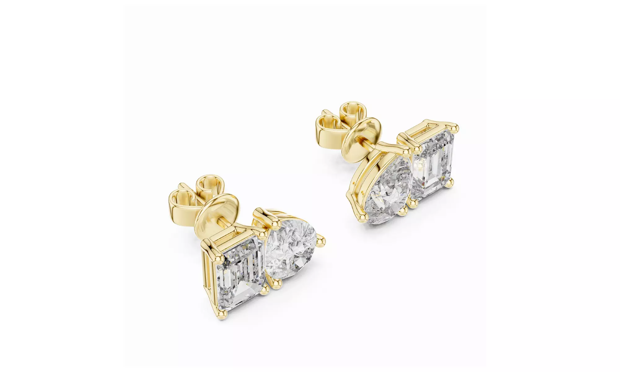 Lab Grown Diamond Stud Earrings Emerald and Pear Shape 14K Gold with Push Backs