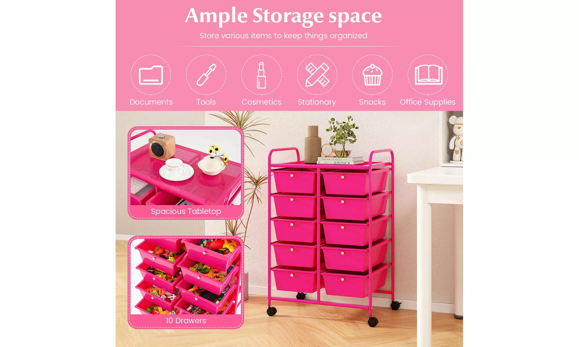 Costway 10-Drawer Storage Cart Utility Rolling Kitchen  Trolley Organizer