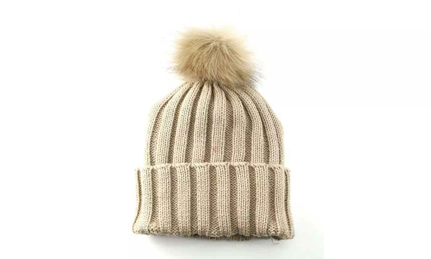 Warm Winter Kids Knitted Skull Cap Faux Fur Pom Beanie