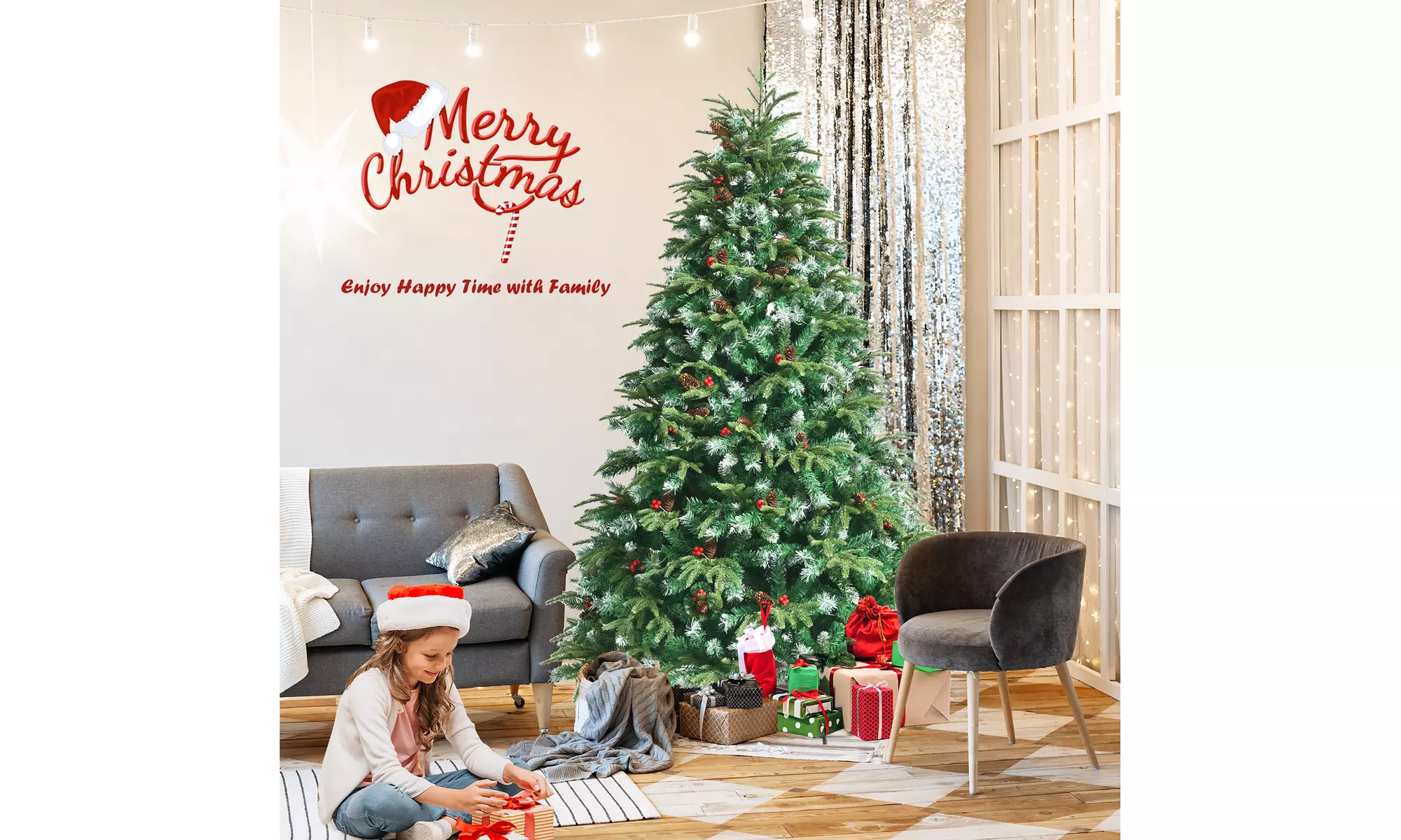 7ft Pre-Lit Snowy Christmas Hinged Tree 11 Flash Modes w/ 450 Multi-Color Lights
