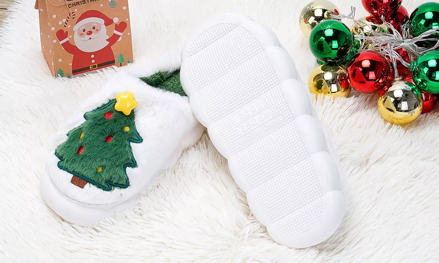 Cozy Christmas Tree Slippers Festive Plush House Shoes with Non-Slip Sole