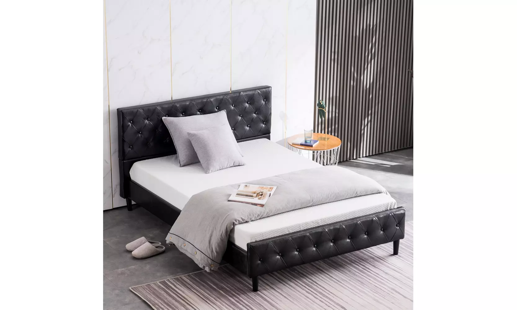 Button Decoration PU Iron Bed Black Full - Primary Image