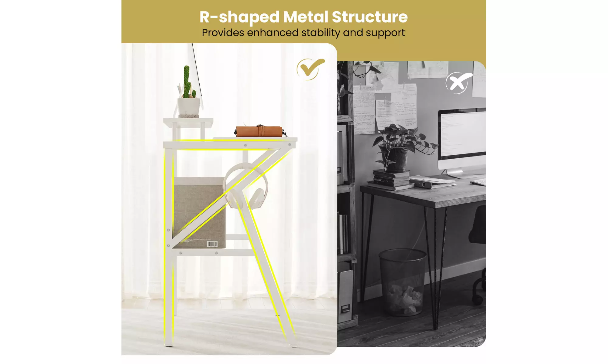 Costway Home Office Desk with Monitor Stand, Open Shelf and Metal Frame