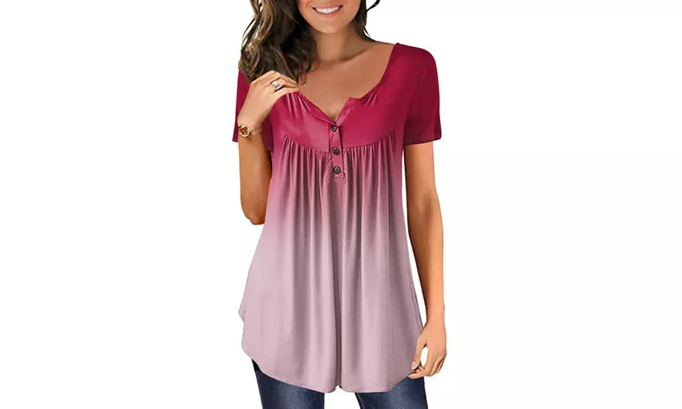 Women's Button Up Pleated Front Summer Short Sleeves Casual Tops Tunic Shirts 