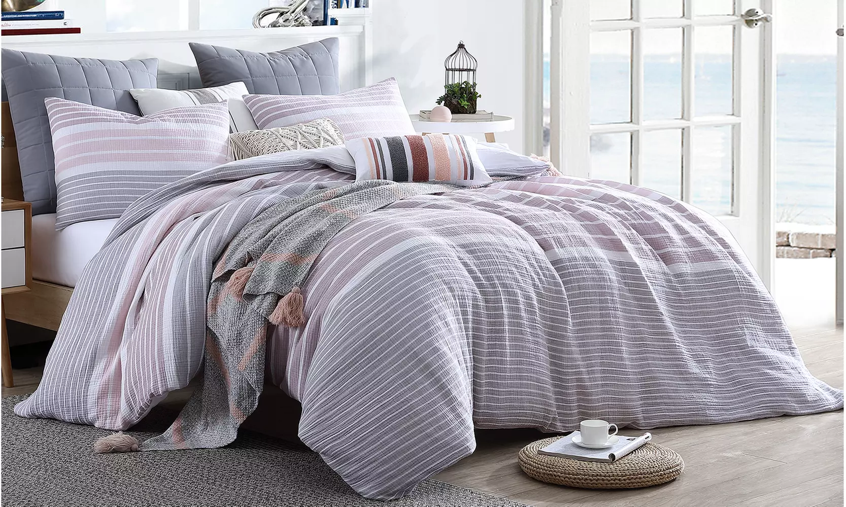 Premium Home Prewashed Yarn-Dyed Cotton Gauze Stripe Duvet Cover Set (3-Piece) - Primary Image