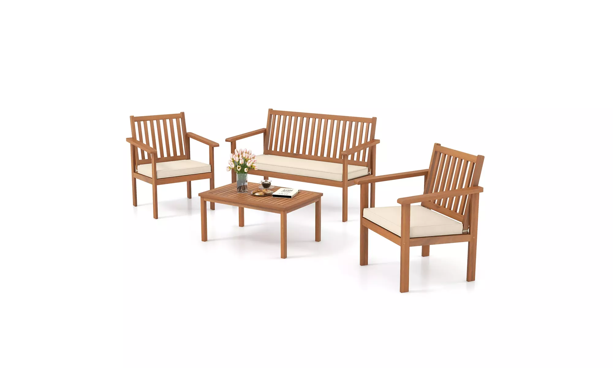 Costway 4 PCS Patio Wood Furniture Set with Loveseat, 2 Chairs & Coffee Table