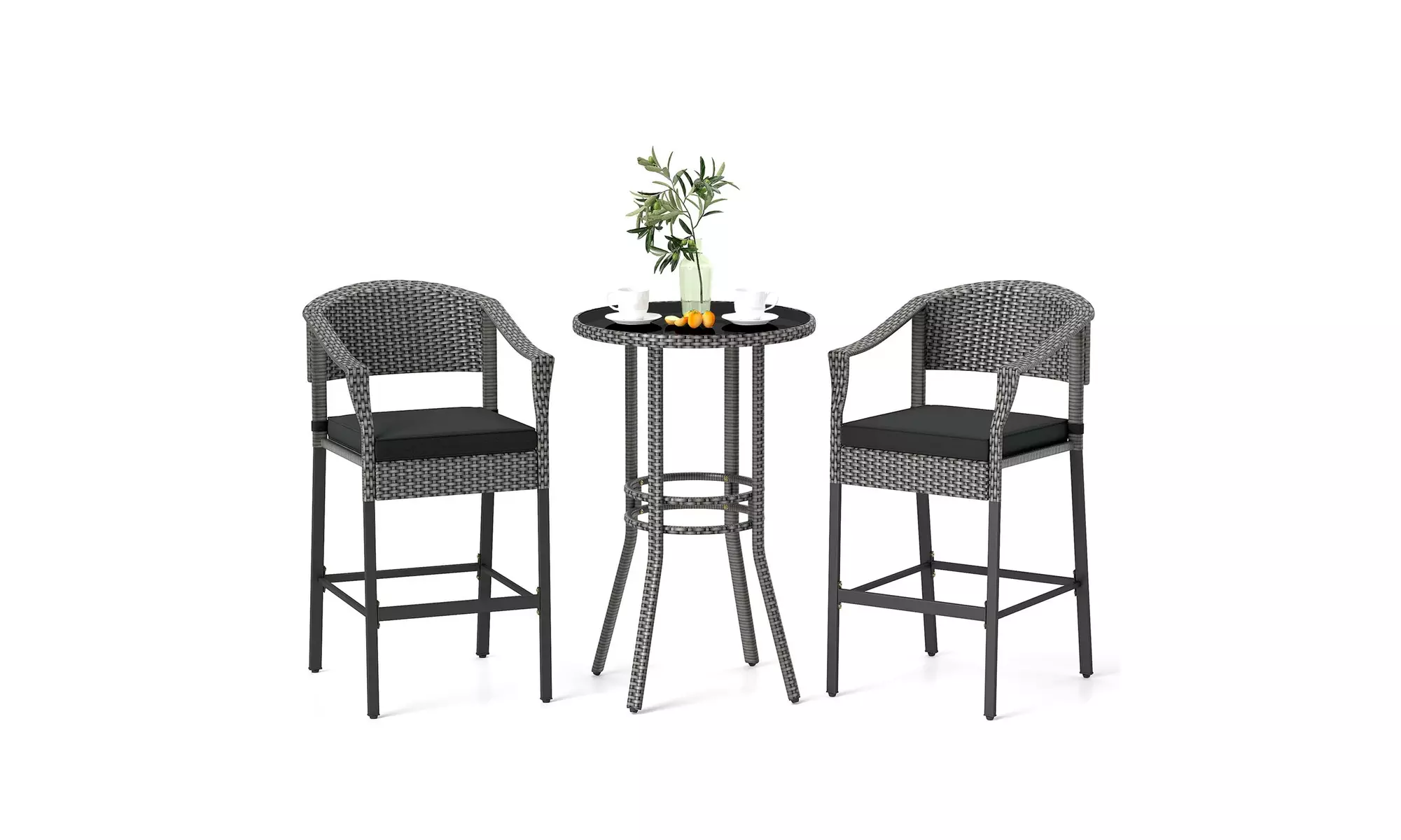 Costway 3-Piece Patio Rattan Bar Set Wicker Bar Height Armchairs and Round Table