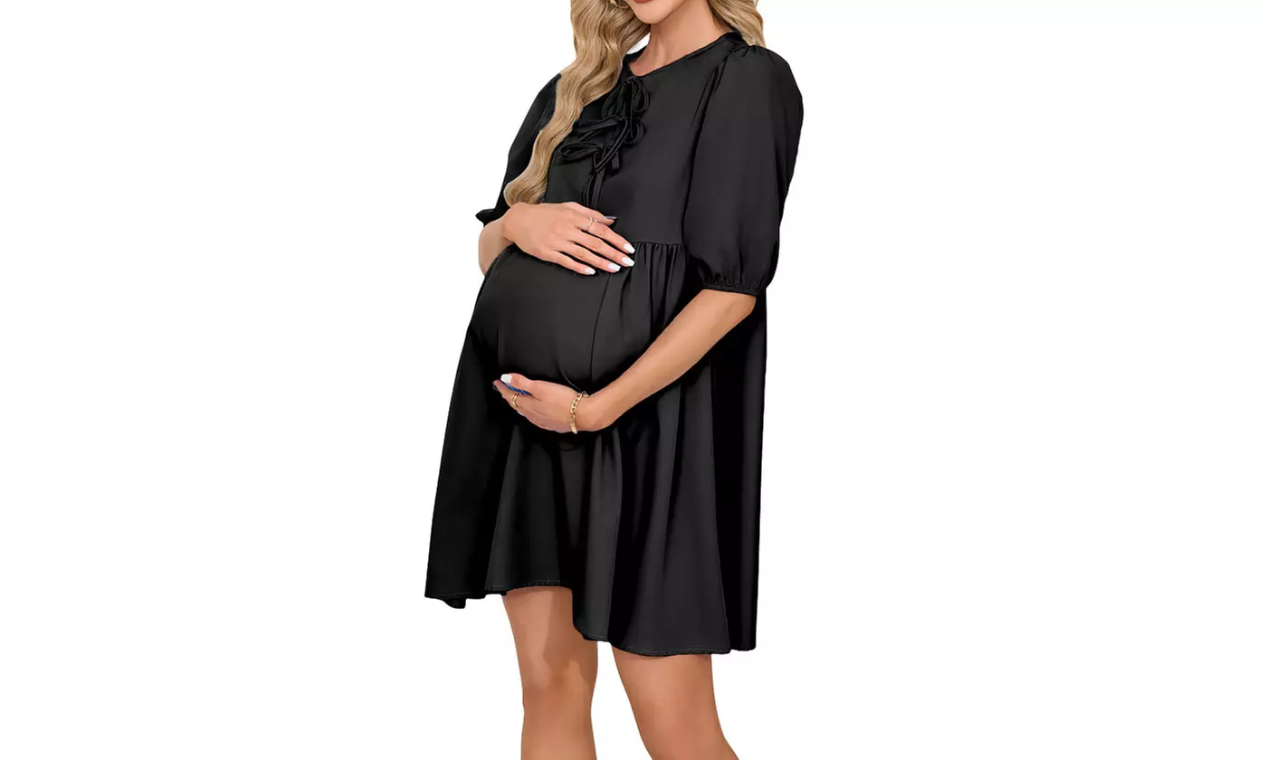 Bow-Front Maternity Dress Puff Sleeves Flowy A-Line Skirt Baby Shower Dress
