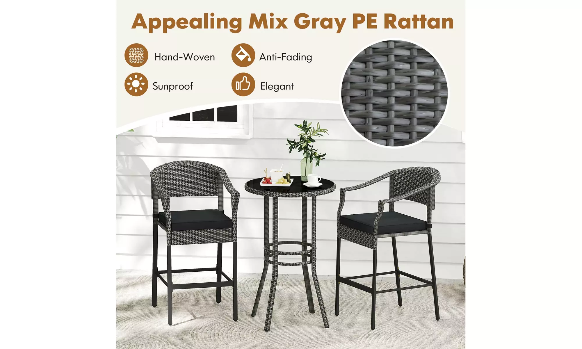 Costway 3-Piece Patio Rattan Bar Set Wicker Bar Height Armchairs and Round Table