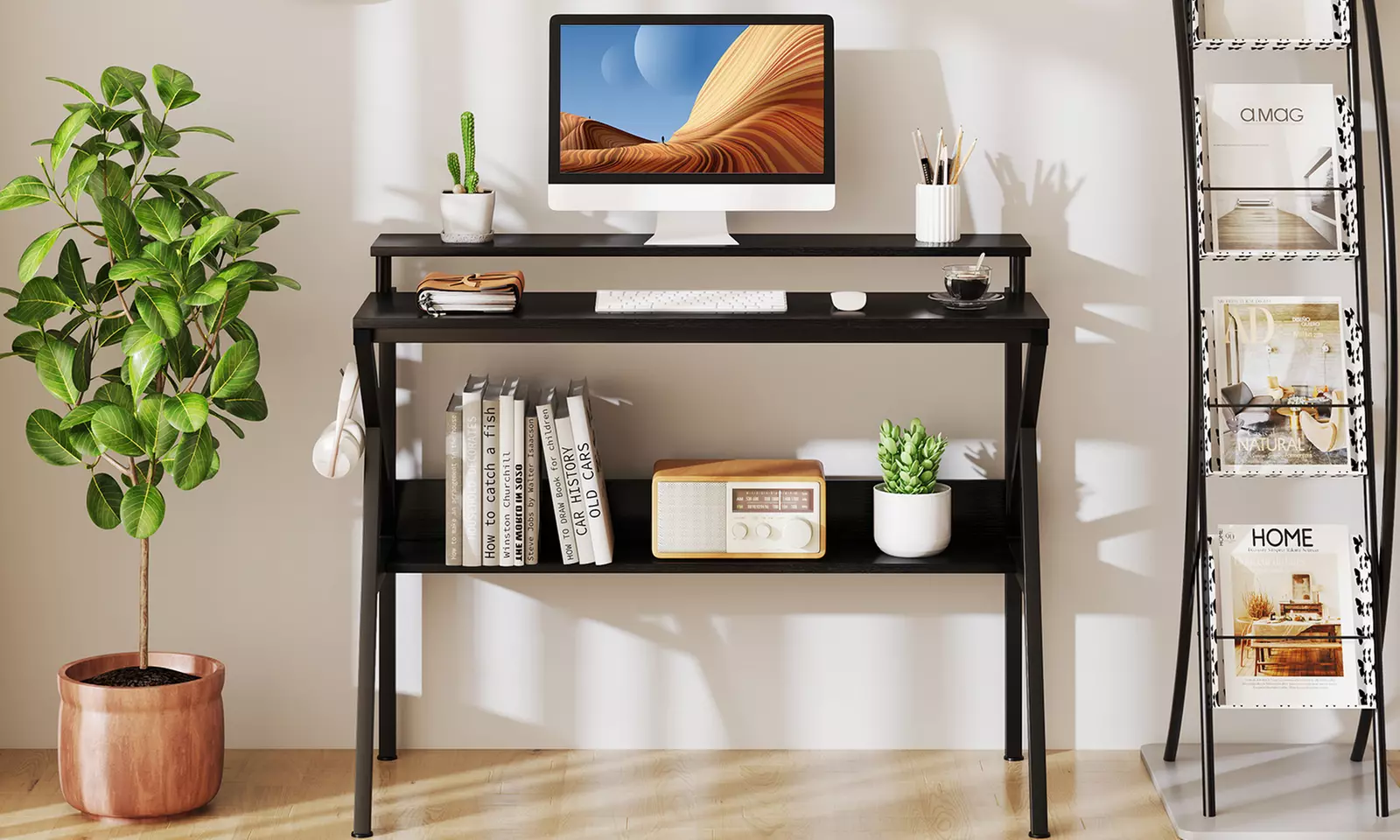Costway Home Office Desk with Monitor Stand, Open Shelf and Metal Frame