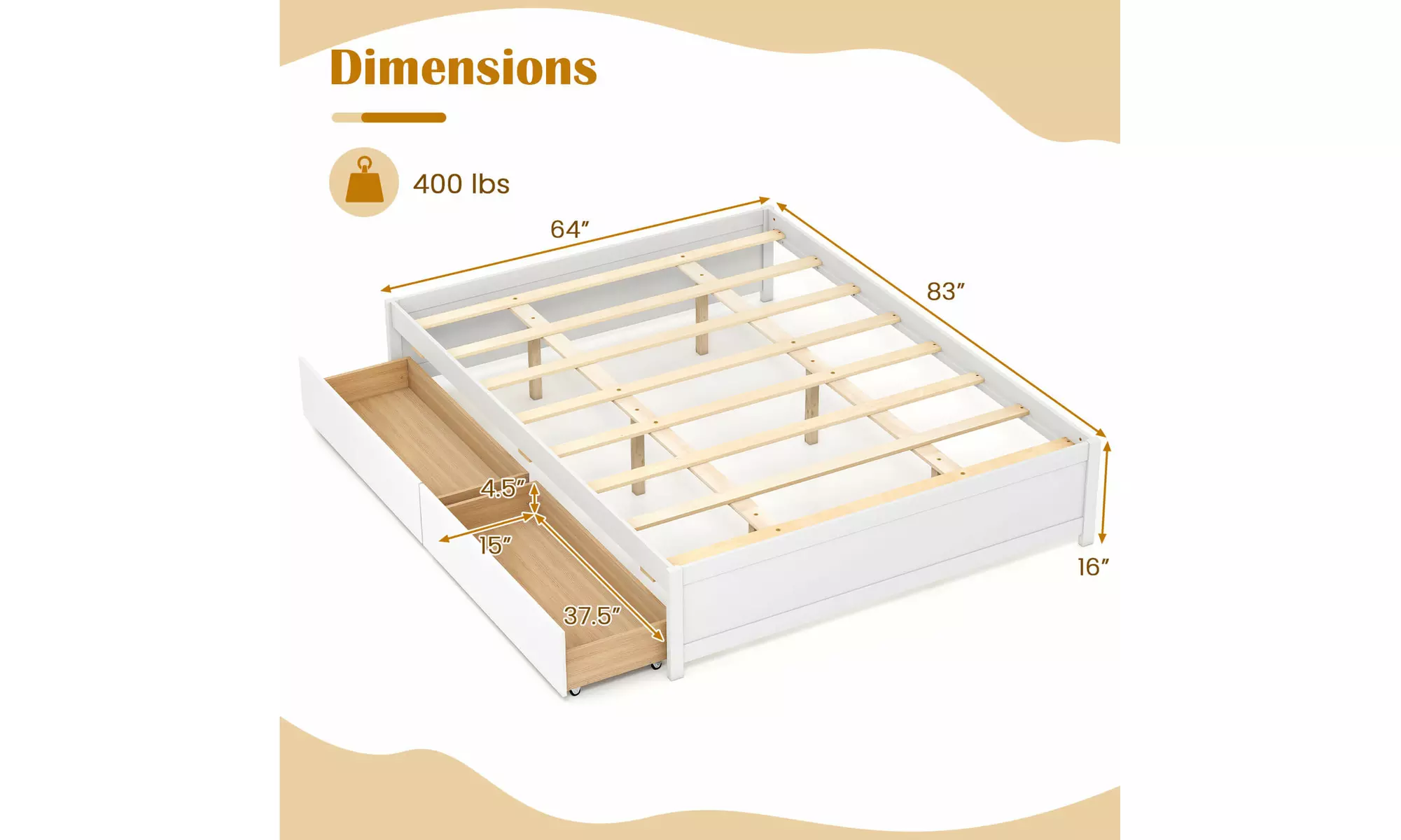 Costway Wooden Platform Bed Frame with 2 Rolling Storage Drawers