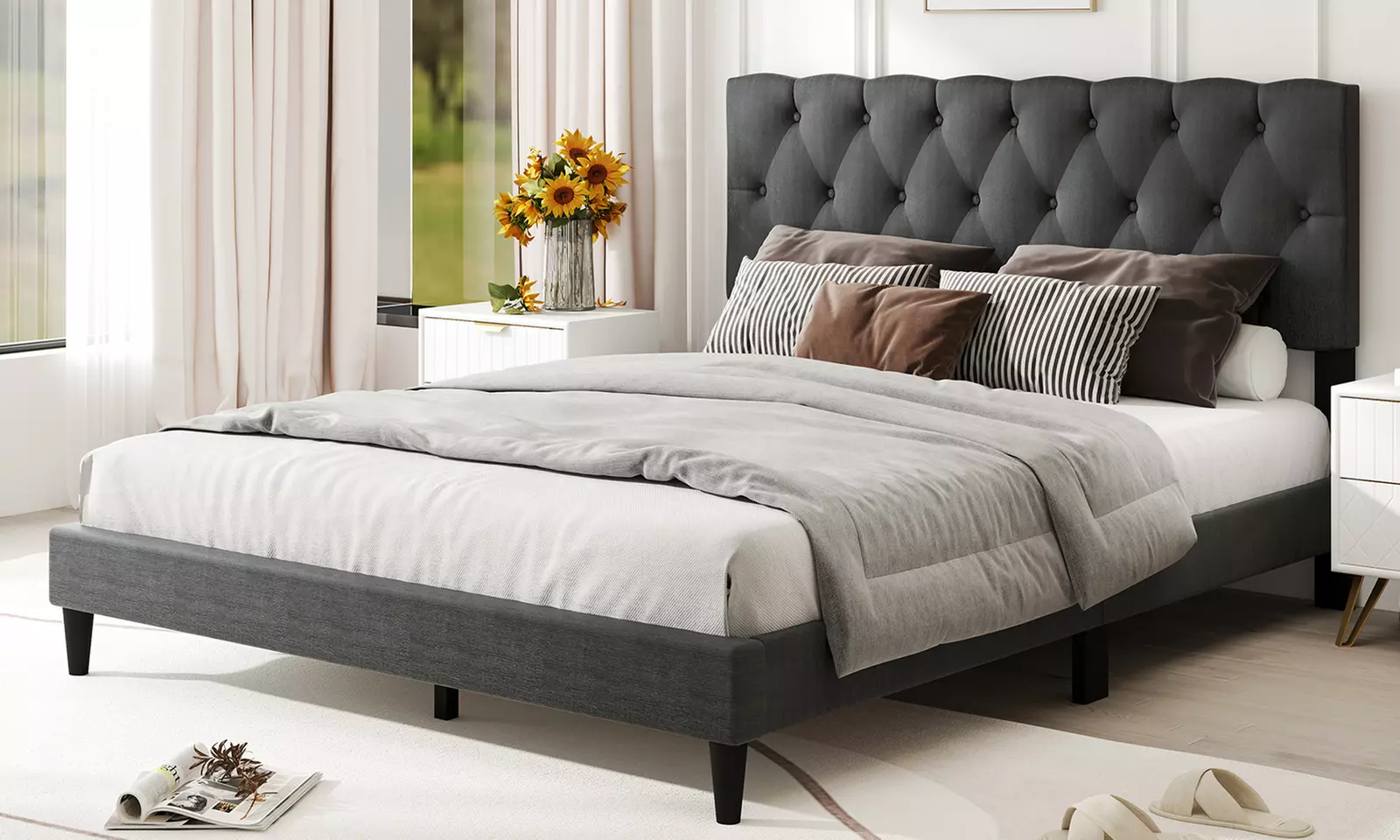 Costway Bed Frame with High Headboard and Wooden Slats