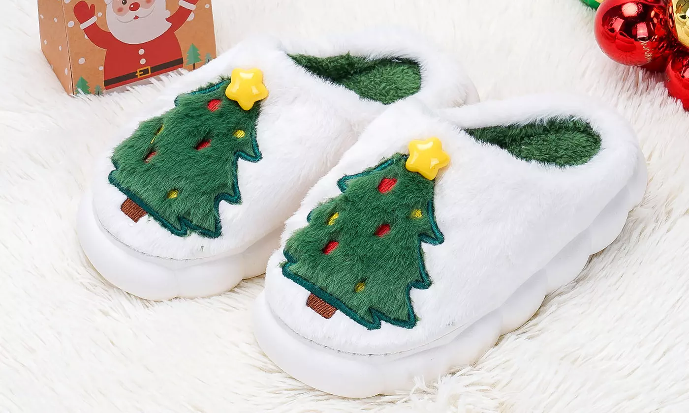 Cozy Christmas Tree Slippers Festive Plush House Shoes with Non-Slip Sole