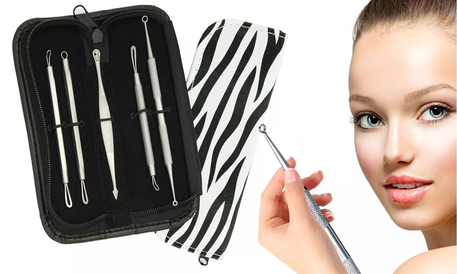 Blemish and Blackhead Remover Tool Kit with Zebra Print Case - 5 Piece