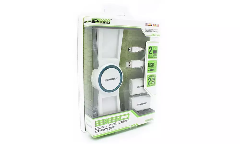 KMD Dual Induction Charger with 2X Battery Packs For Xbox 360 Controller White - Primary Image