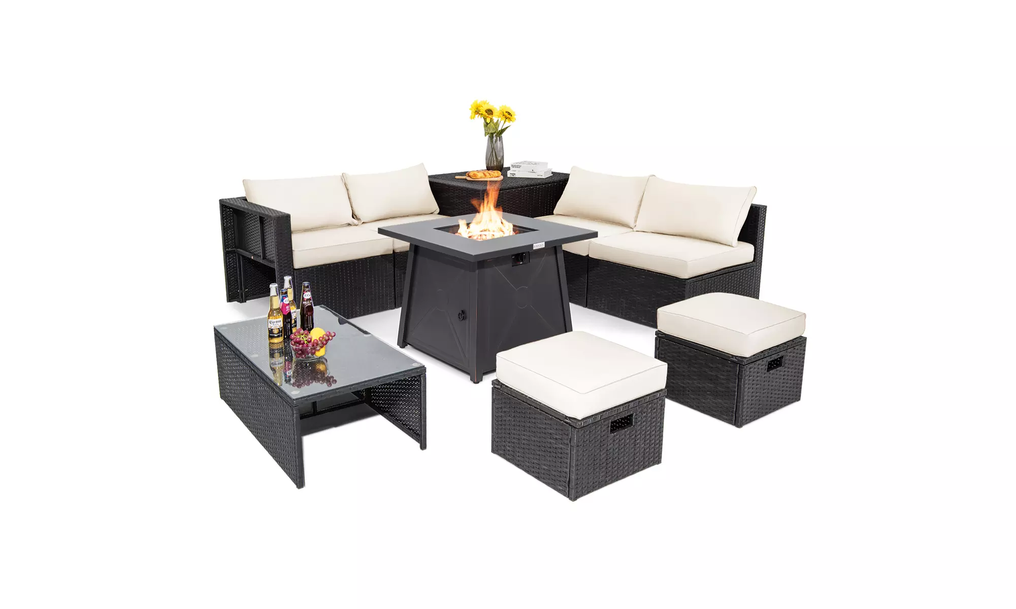 Costway 9PCS Patio Rattan Furniture Set Fire Pit Space-saving W/Cover  Cushion